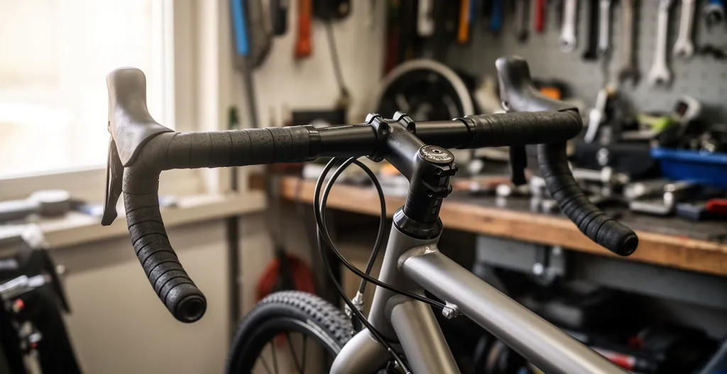 Cintre gravel monté sur vélo montrant l'évasement caractéristique des drops