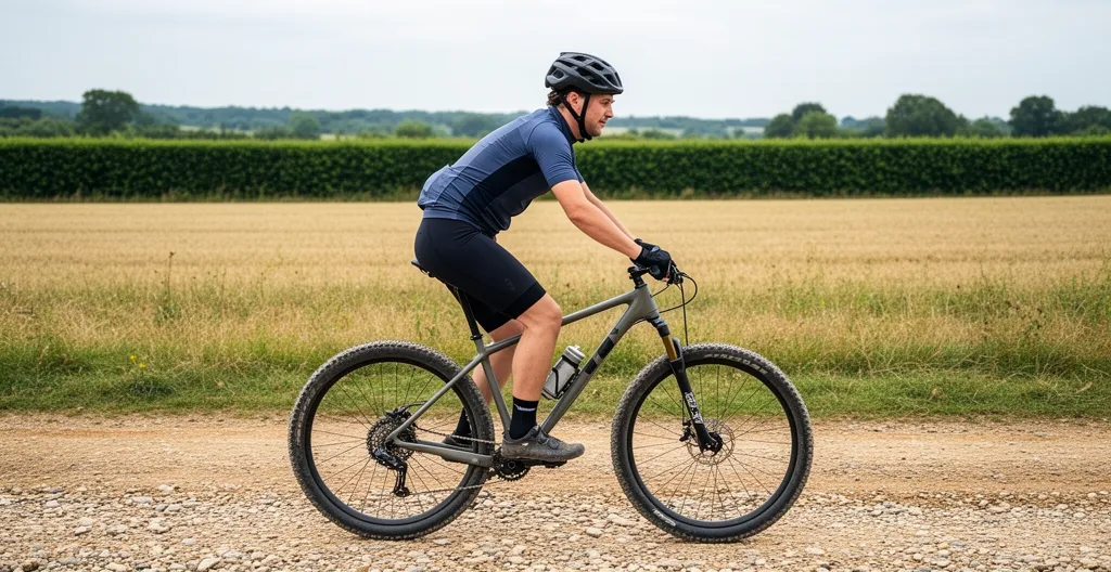 Cycliste sur vélo gravel roulant sur chemin stabilisé en position détendue