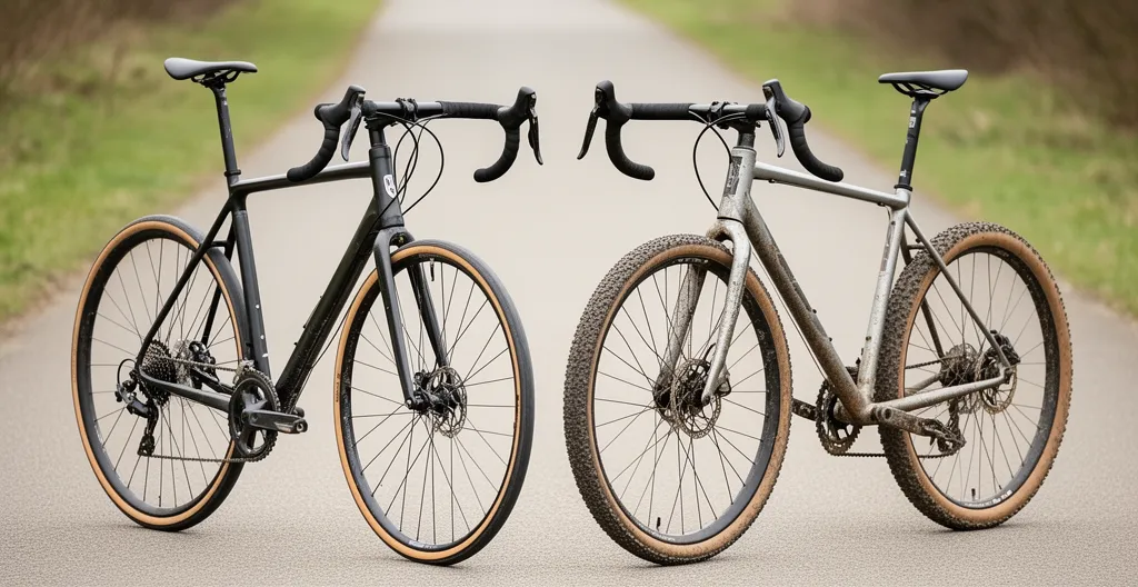 Vélo route et vélo gravel côte à côte montrant la différence de géométrie des cintres