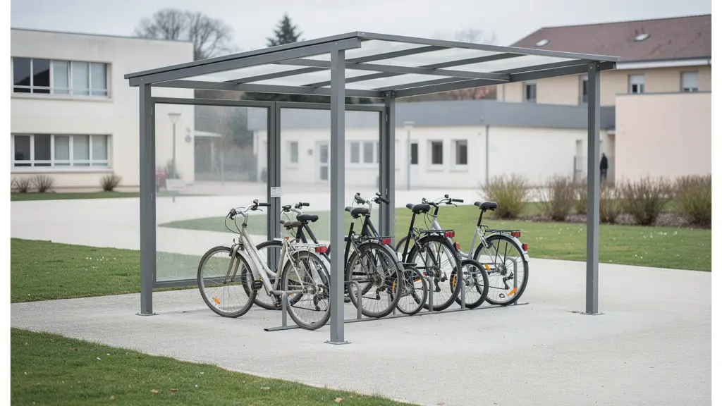 Abri vélo couvert dans un établissement scolaire avec plusieurs vélos rangés