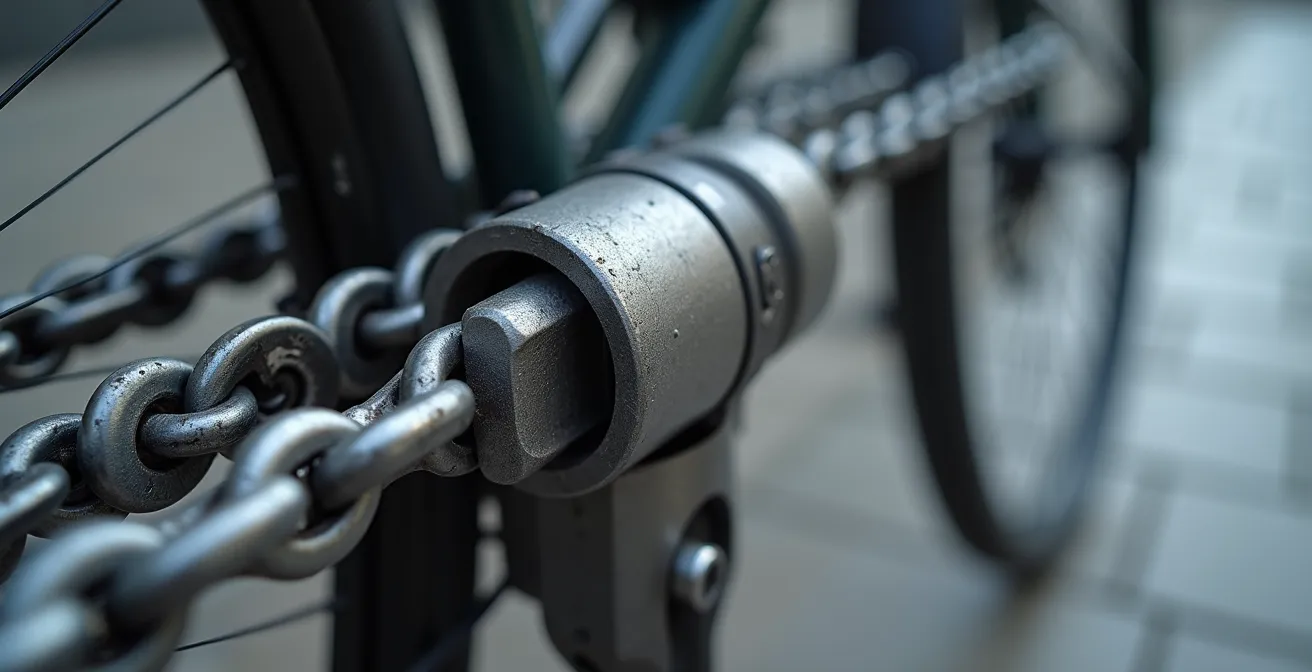 Démonstration de la technique de double attache avec antivol U et chaîne sur un arceau parisien