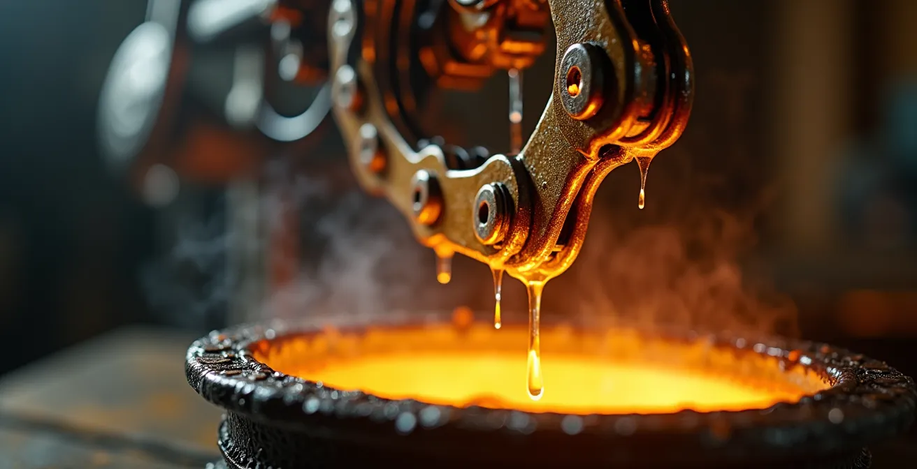 Application de cire à chaud sur une chaîne de vélo dans un atelier