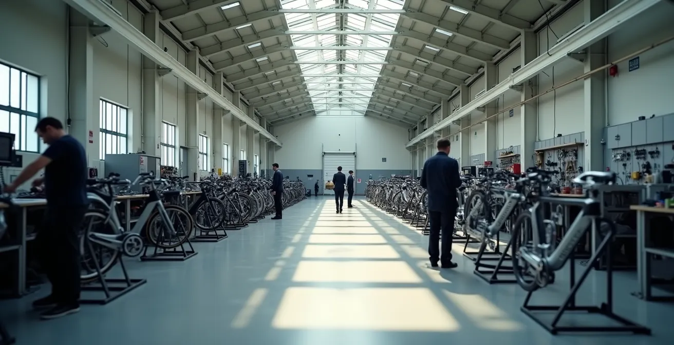 Vue d'ensemble d'un atelier moderne de fabrication de vélos en France