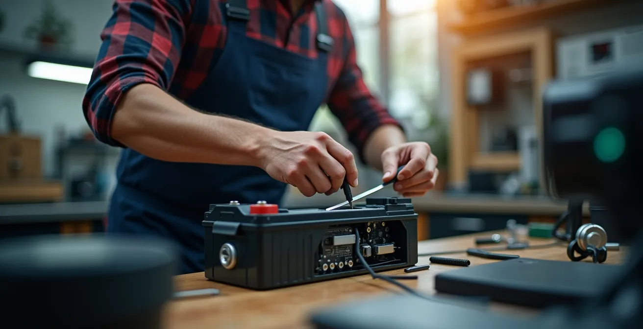 Portrait d'un technicien travaillant sur une batterie de vélo électrique dans un atelier spécialisé
