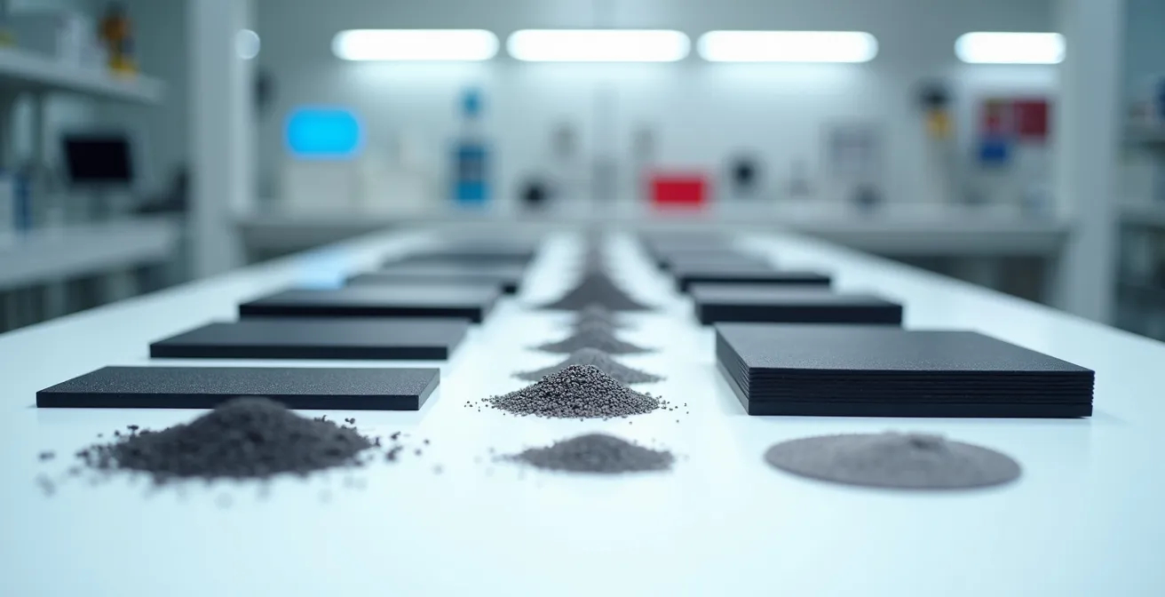 Échantillons de carbone thermoplastique recyclable disposés en éventail montrant différentes étapes de transformation