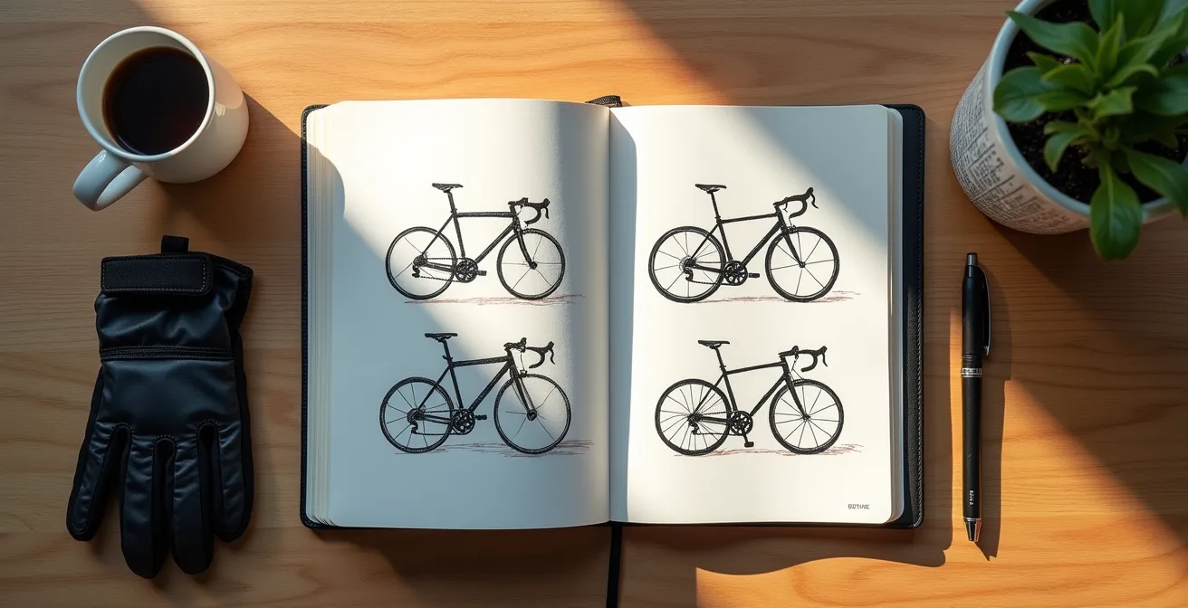 Vue aérienne d'un carnet de suivi ouvert avec annotations et vélo flou en arrière-plan