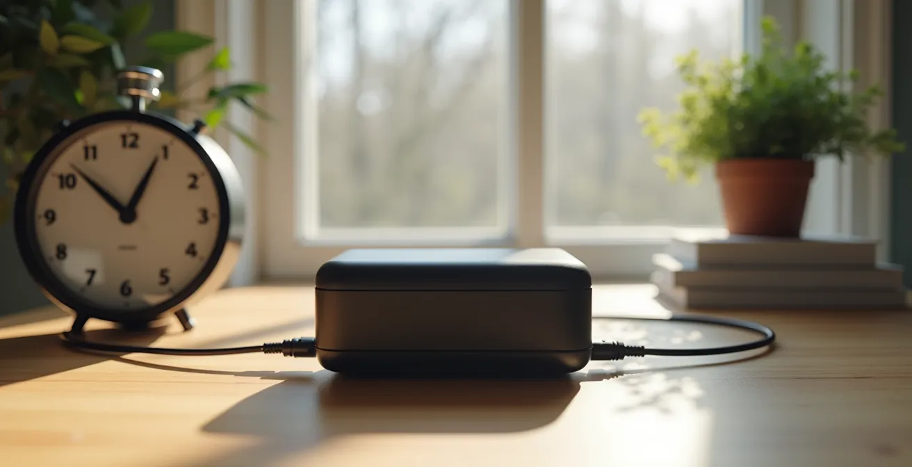 Vue aérienne minimaliste d'une batterie de vélo électrique en charge sur un bureau épuré