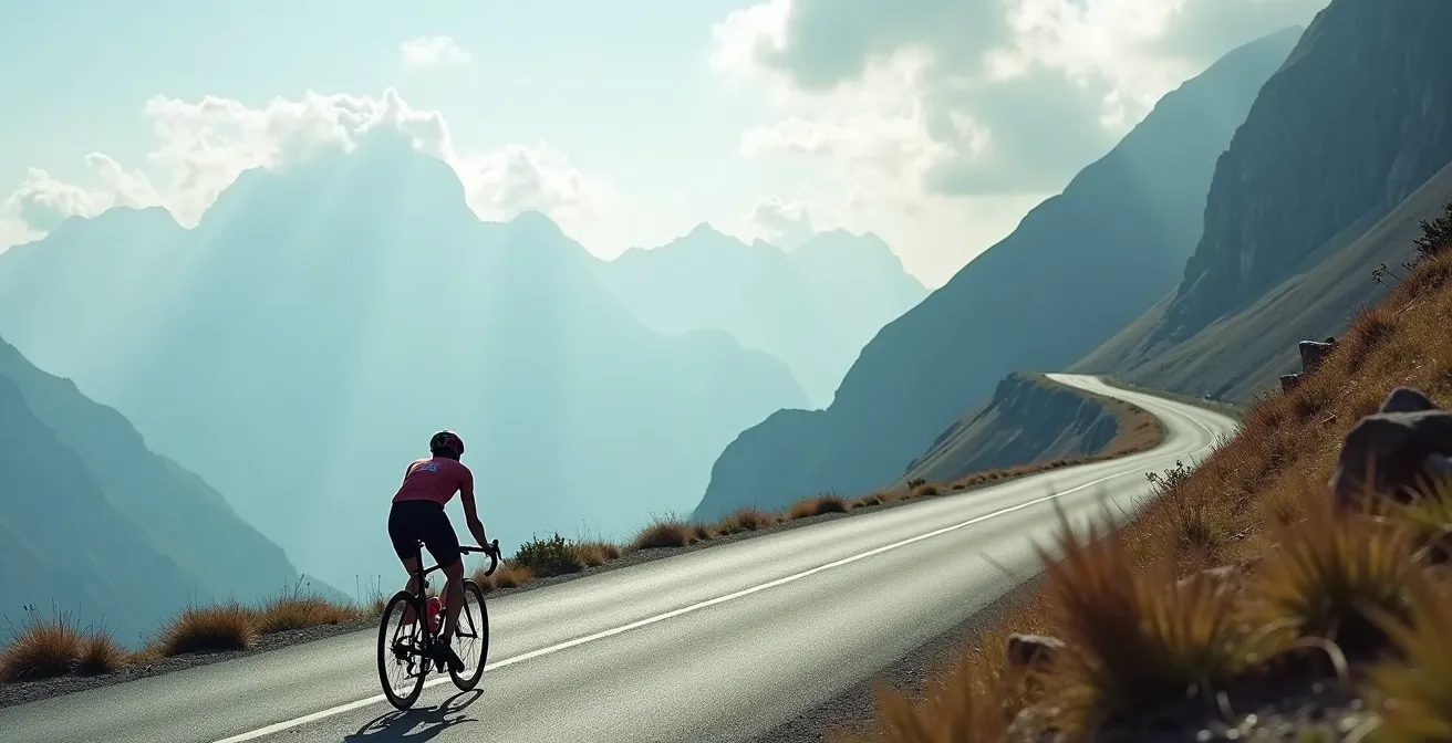 Cycliste solitaire approchant du sommet du col du Galibier avec le monument en arrière-plan
