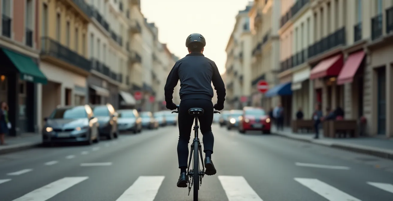 Cycliste urbain traversant une rue française avec casque MIPS, architecture haussmannienne en arrière-plan