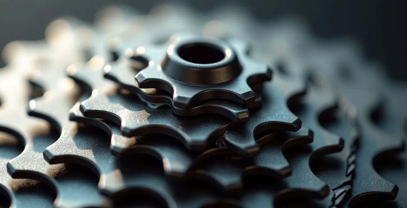 Vue macro détaillée de différentes cassettes de vélo pour la montagne avec leurs dentures spécifiques
