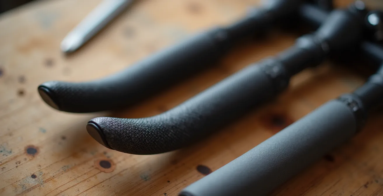 Vue aérienne de trois cintres de vélo de différentes largeurs alignés sur une surface en bois