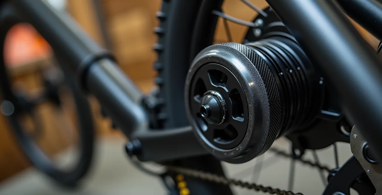 Détail macro d'un moteur de VTT électrique monté sur cadre