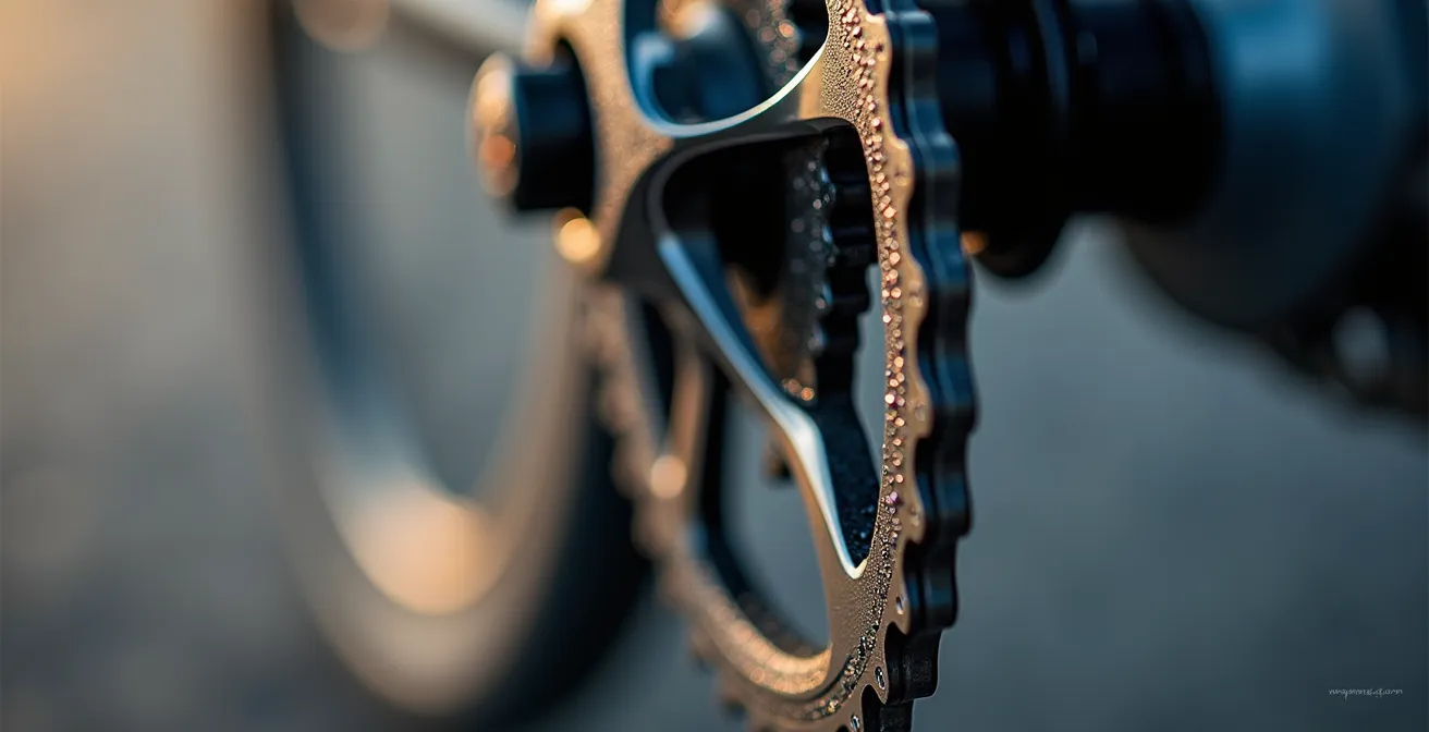 Gros plan macro sur les dents d'un pédalier compact montrant les détails techniques