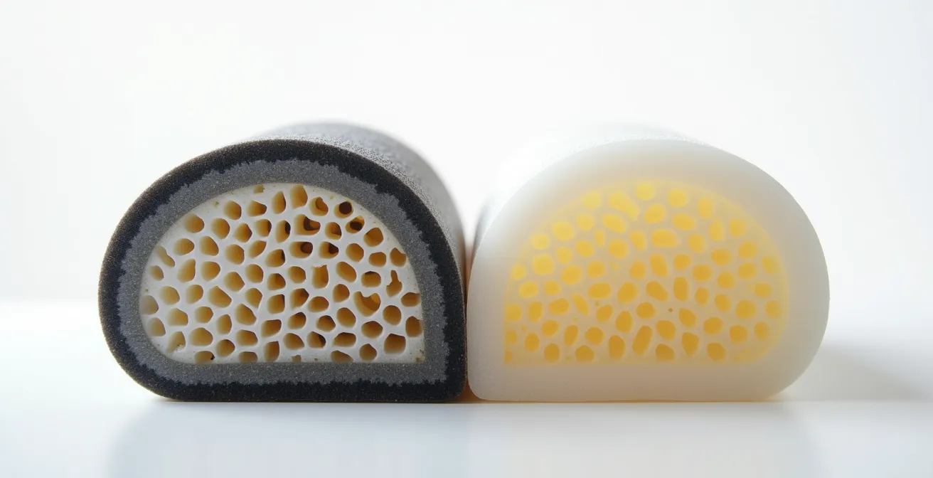 Vue macro détaillée des textures de rembourrage gel et mousse de selle vélo côte à côte