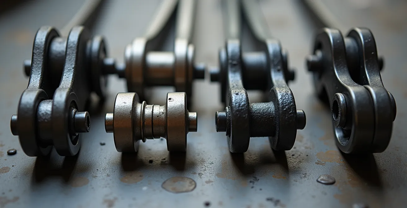 Gros plan sur différents standards de boîtiers de pédalier et pattes de dérailleur