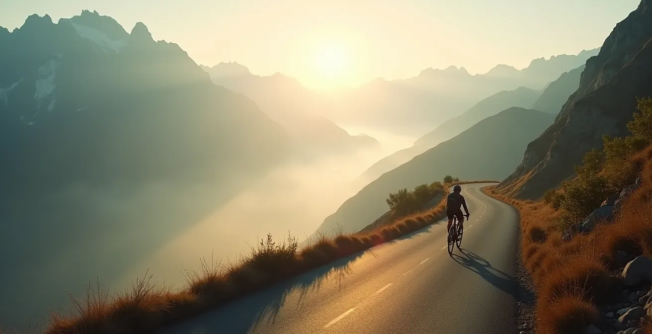 Vue panoramique d'un cycliste gravissant un col de montagne avec assistance électrique