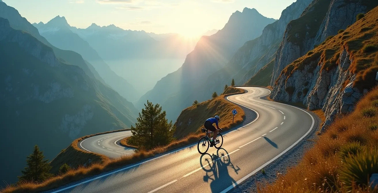 Vue aérienne d'un cycliste grimpant un col de montagne français en lacets