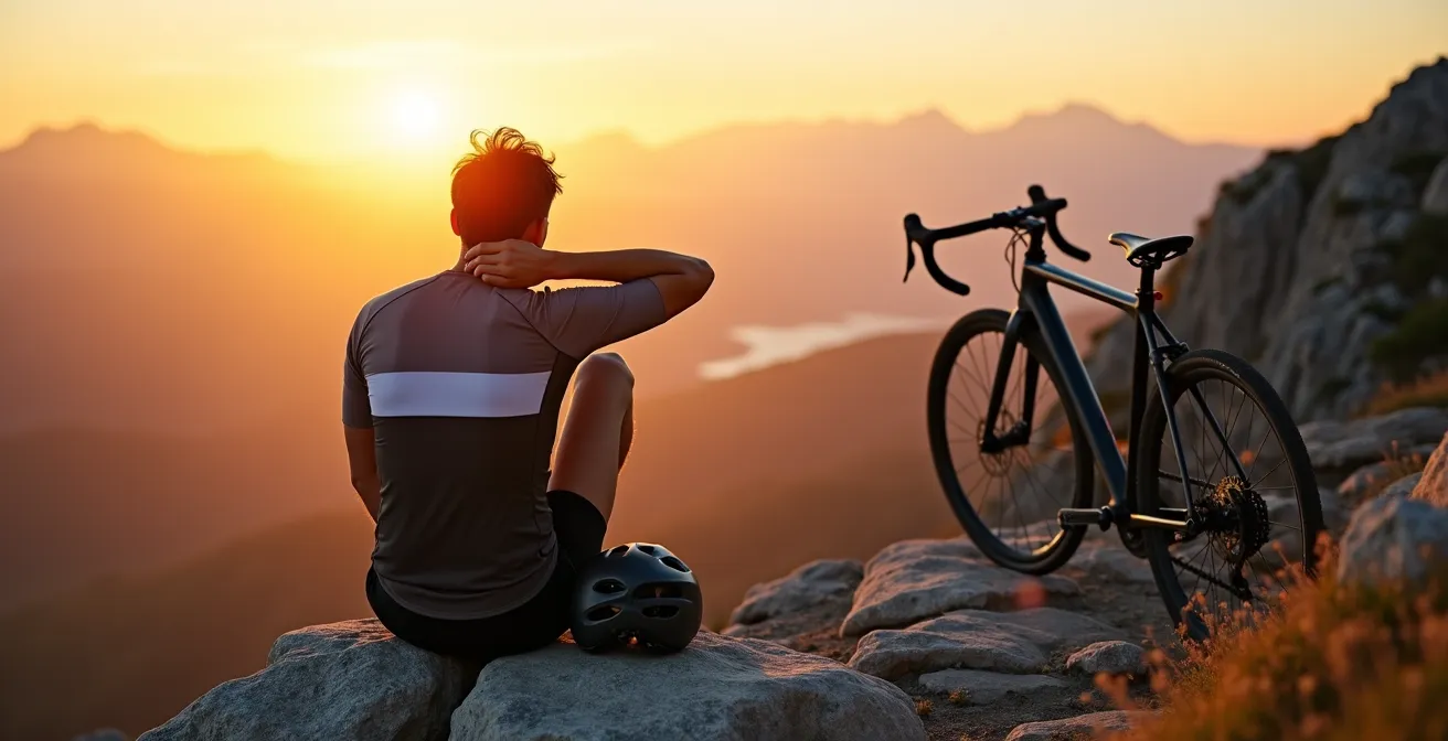 Cycliste contemplant le lever de soleil depuis un sommet montagneux