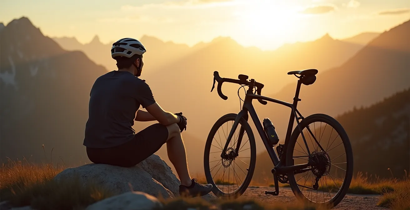Cycliste au sommet d'un col admirant le paysage sans regarder ses données