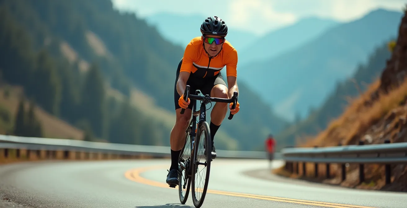 Cycliste négociant un virage en épingle serré lors d'une descente de col avec vue plongeante sur la vallée