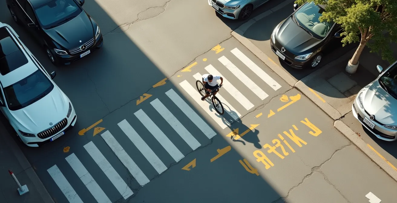 Vue aérienne montrant la distance de sécurité entre un cycliste et des voitures stationnées