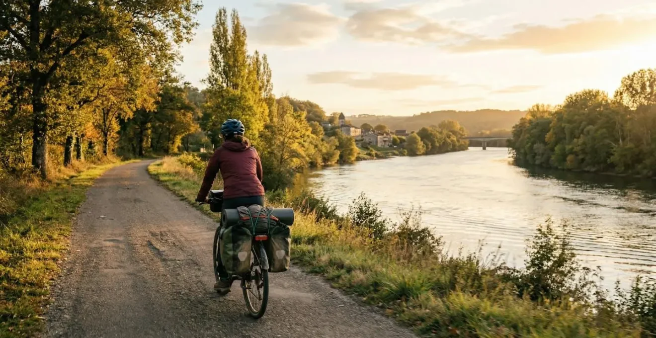 Un cycliste vu de dos roule sur une piste cyclable longeant une rivière, un sac fixé sur le porte-bagages arrière