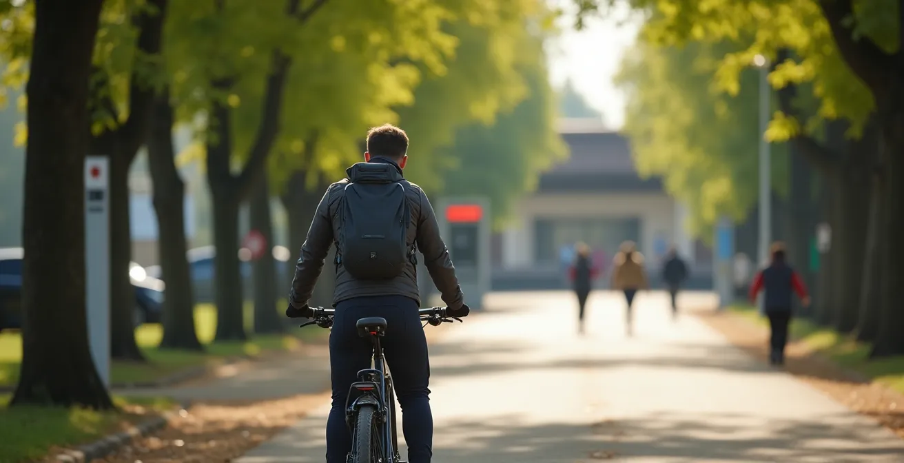 Cycliste marchant à côté de son VAE près d'une gare française