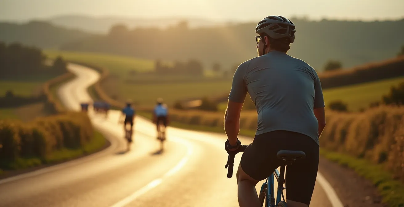 Cycliste solitaire contemplant un groupe au loin sur une route vallonnée
