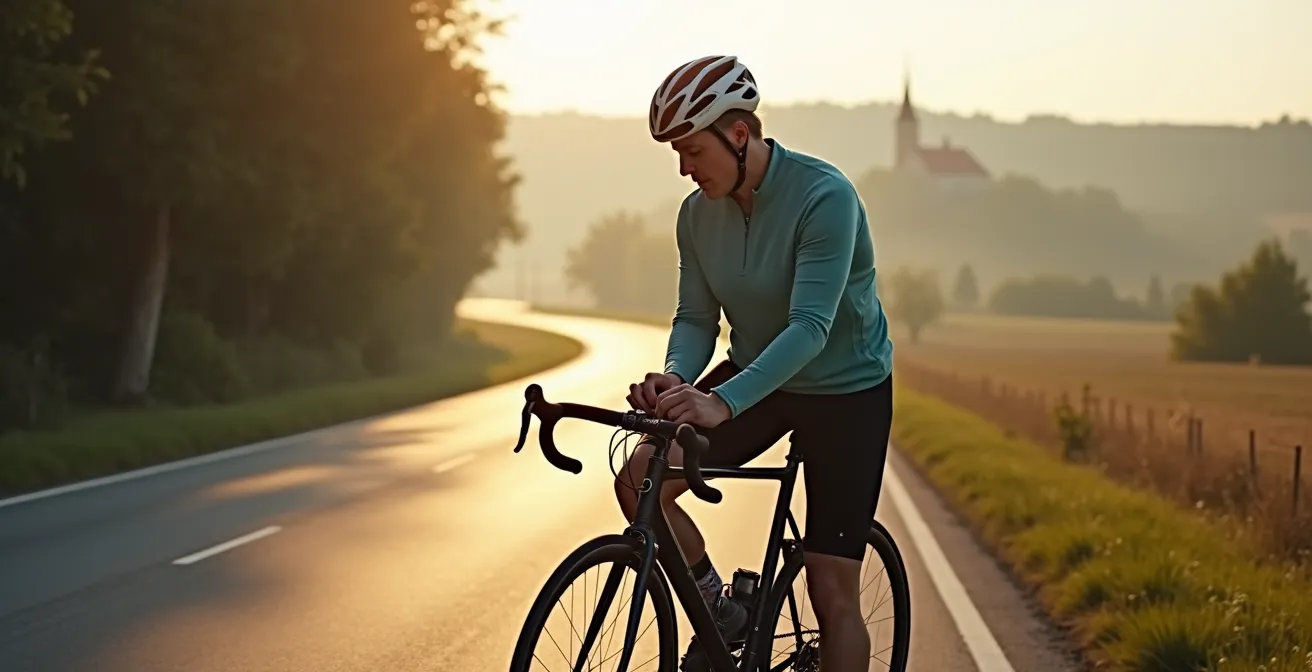 Cycliste testant différentes hauteurs de guidon sur une route de campagne française