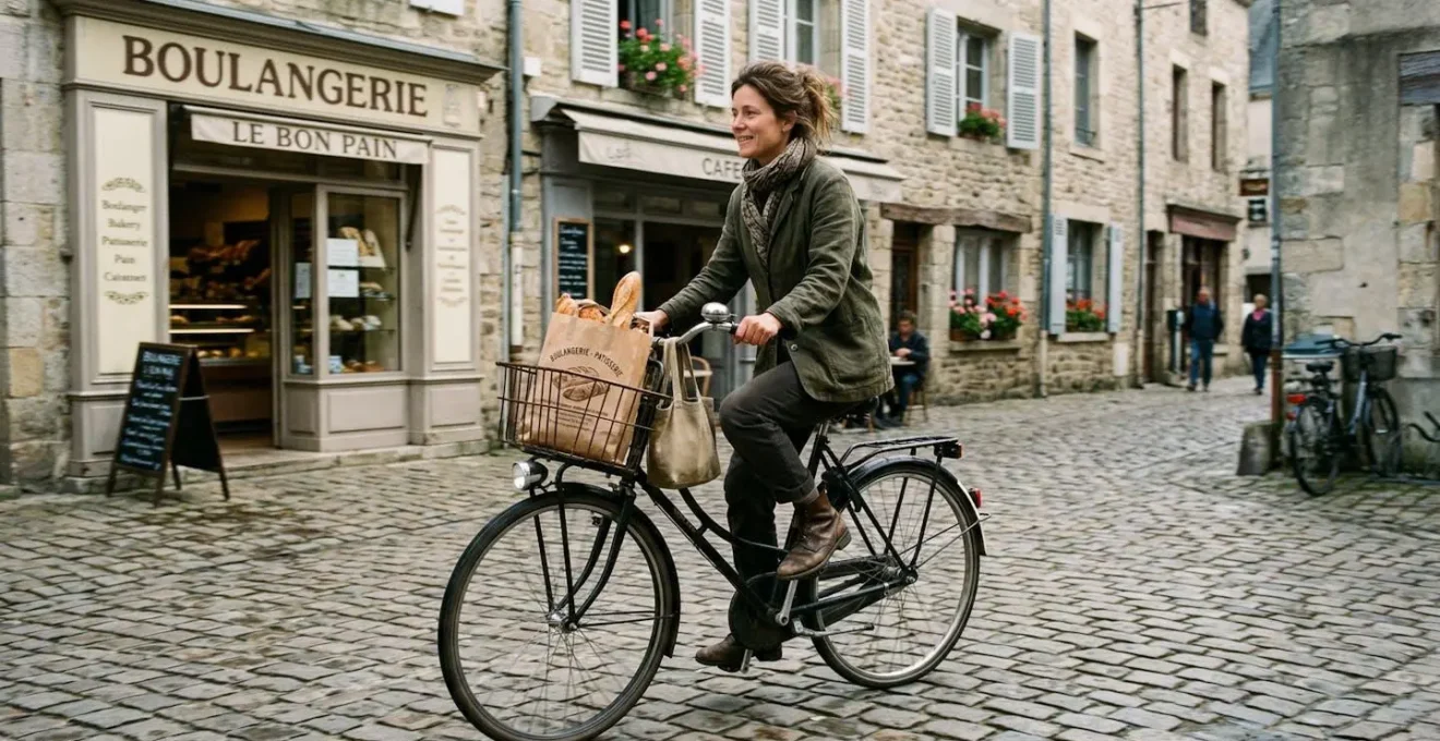 Une cycliste en tenue de ville pédale sur un vélo hollandais dans une rue pavée, un panier chargé de courses à l'avant