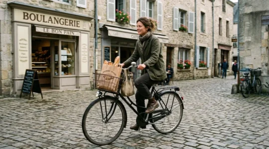 Une cycliste en tenue de ville pédale sur un vélo hollandais dans une rue pavée, un panier chargé de courses à l'avant
