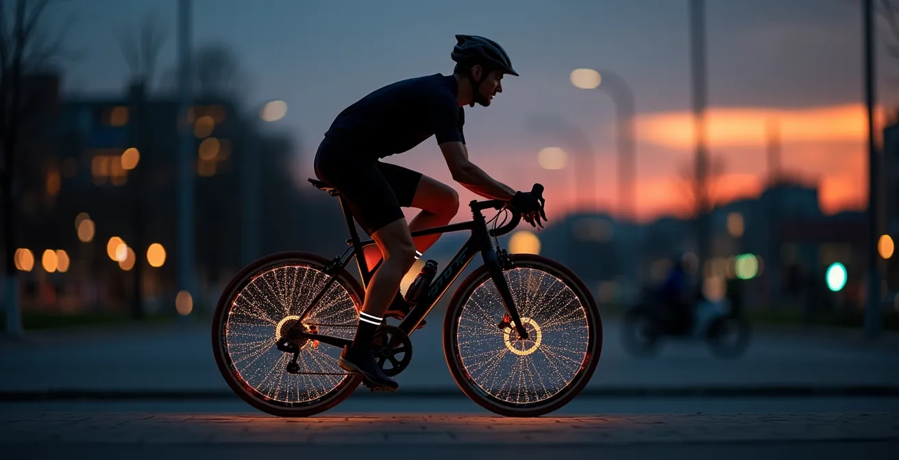 Silhouette de cycliste avec points réfléchissants sur les articulations en mouvement, créant une signature de mouvement reconnaissable dans la pénombre.