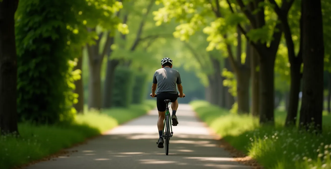 Cycliste pédalant sur une voie verte traversant un parc urbain boisé, incarnant la détente et l'évasion mentale.