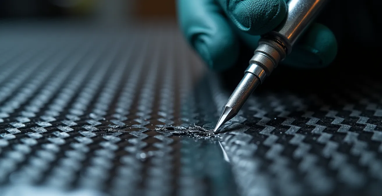 Technicien examinant un cadre carbone avec un équipement de diagnostic