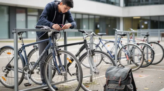 Élève attachant son vélo à un arceau dans une cour de collège français