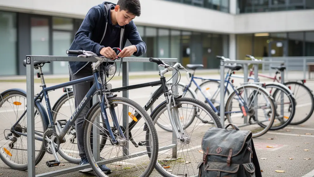 Élève attachant son vélo à un arceau dans une cour de collège français