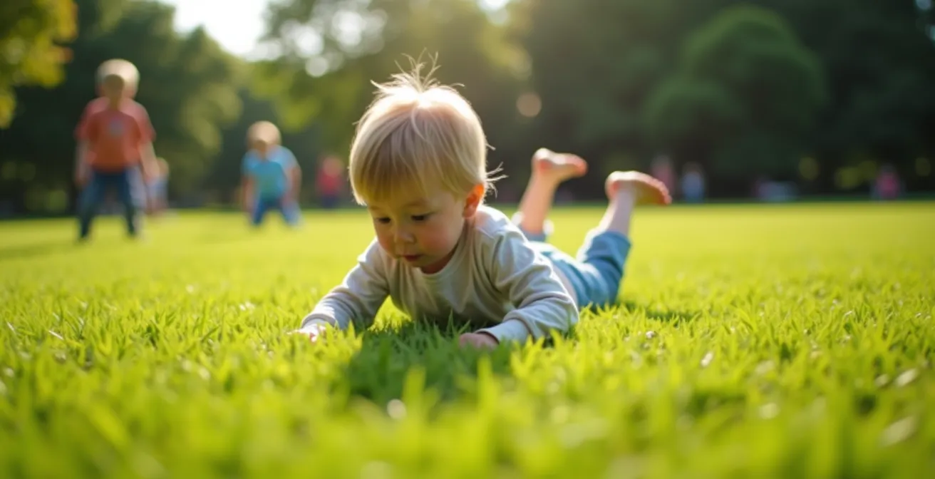 Enfant s'entraînant à tomber en sécurité sur l'herbe sans vélo