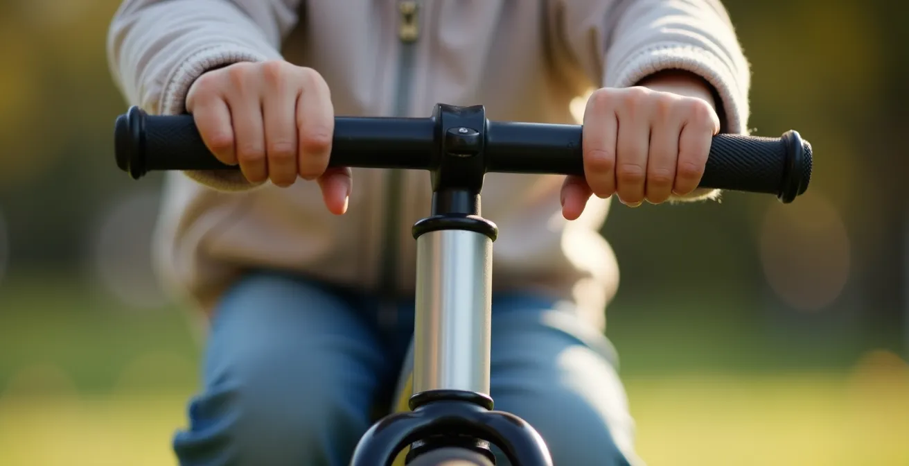 Enfant de 2 ans soulevant facilement sa draisienne légère, signe de son autonomie.