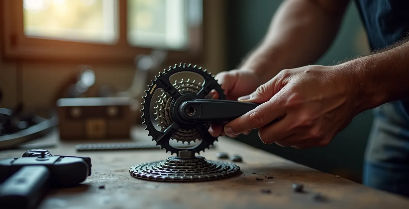 Mécanicien vélo travaillant sur la transmission d'un VTT électrique en atelier