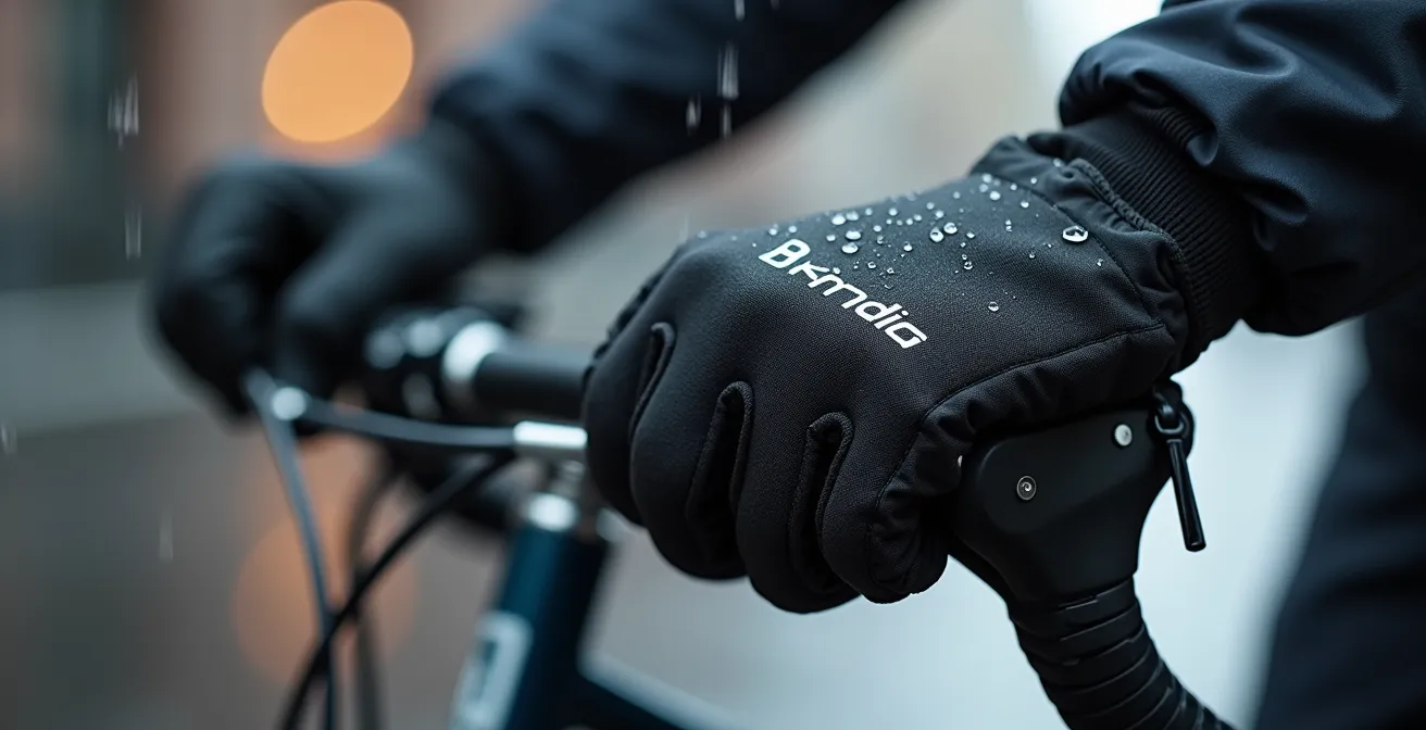 Gros plan sur des manchons de guidon installés sur un vélo avec des gouttes de pluie