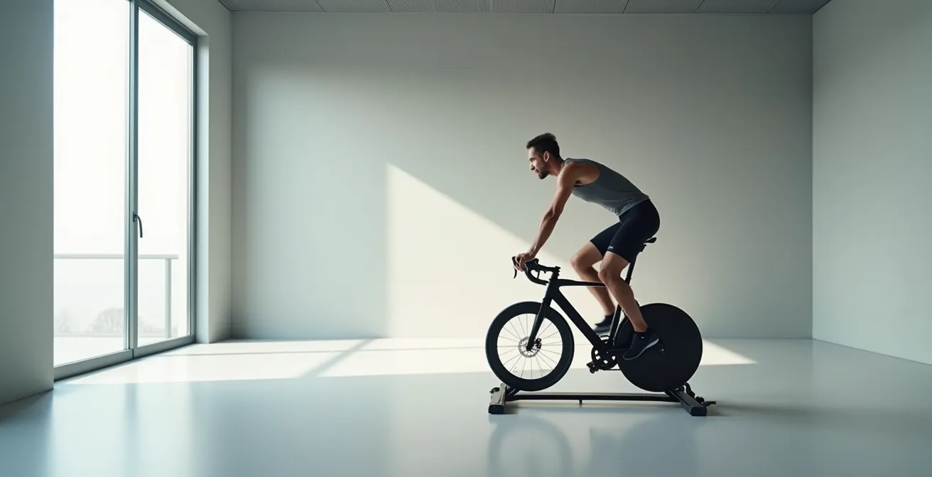 Vue d'ensemble d'un cycliste en séance d'étude posturale dans un environnement épuré