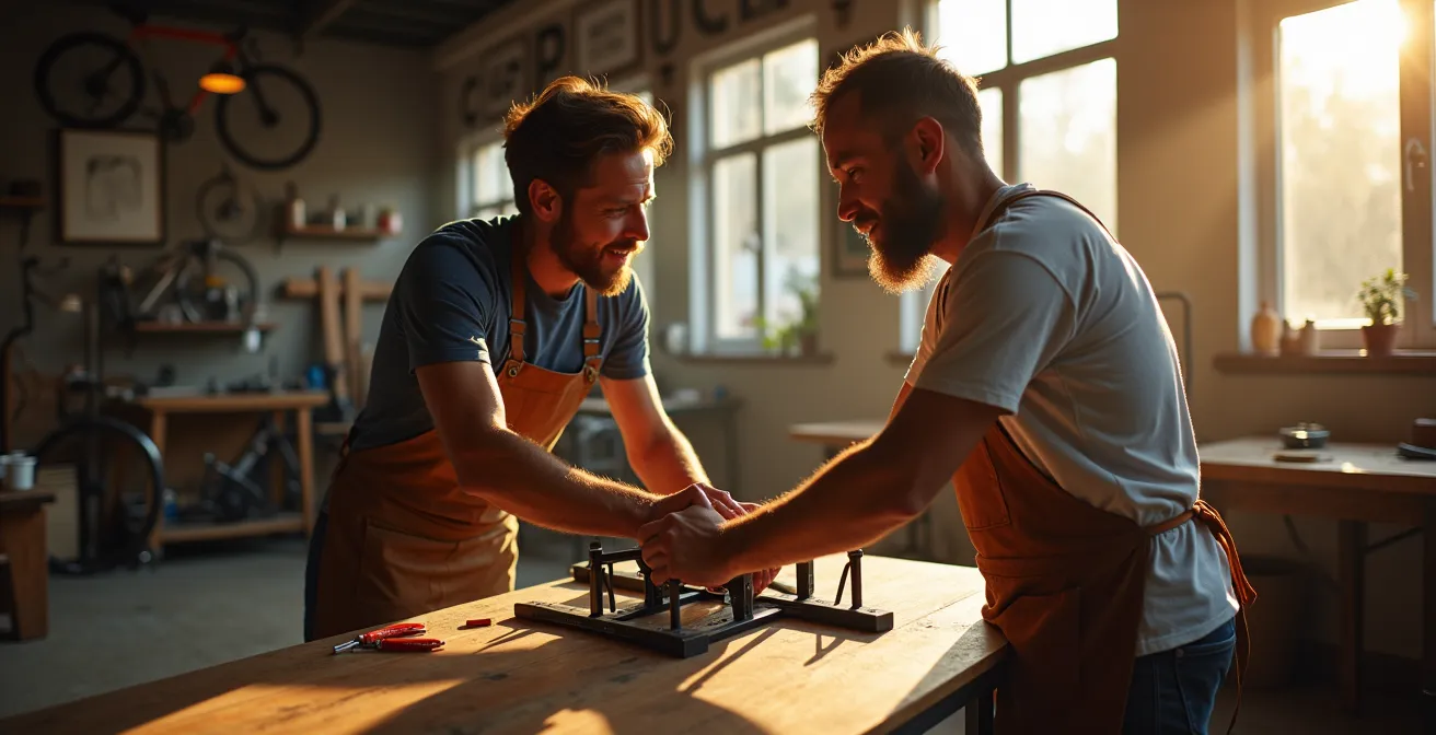 Séance d'étude posturale dans un atelier artisanal avec cycliste et cadreur