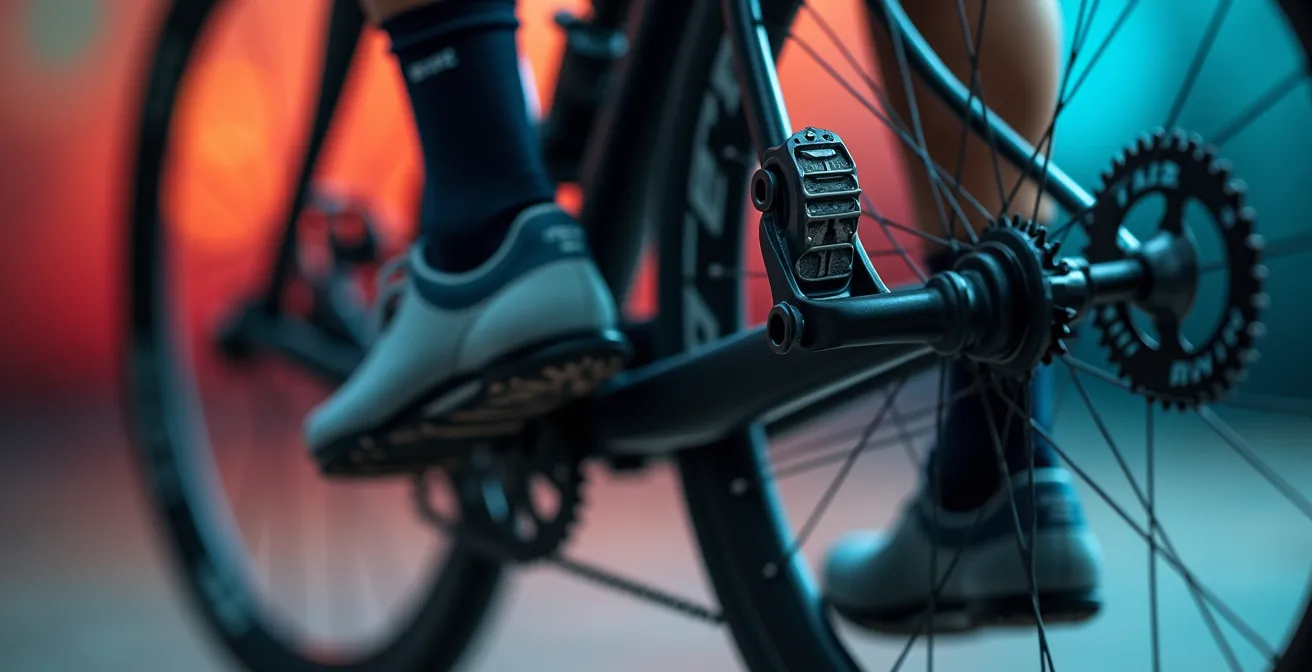Vue macro détaillée d'un pied de cycliste sur pédale automatique pendant l'exercice unijambiste