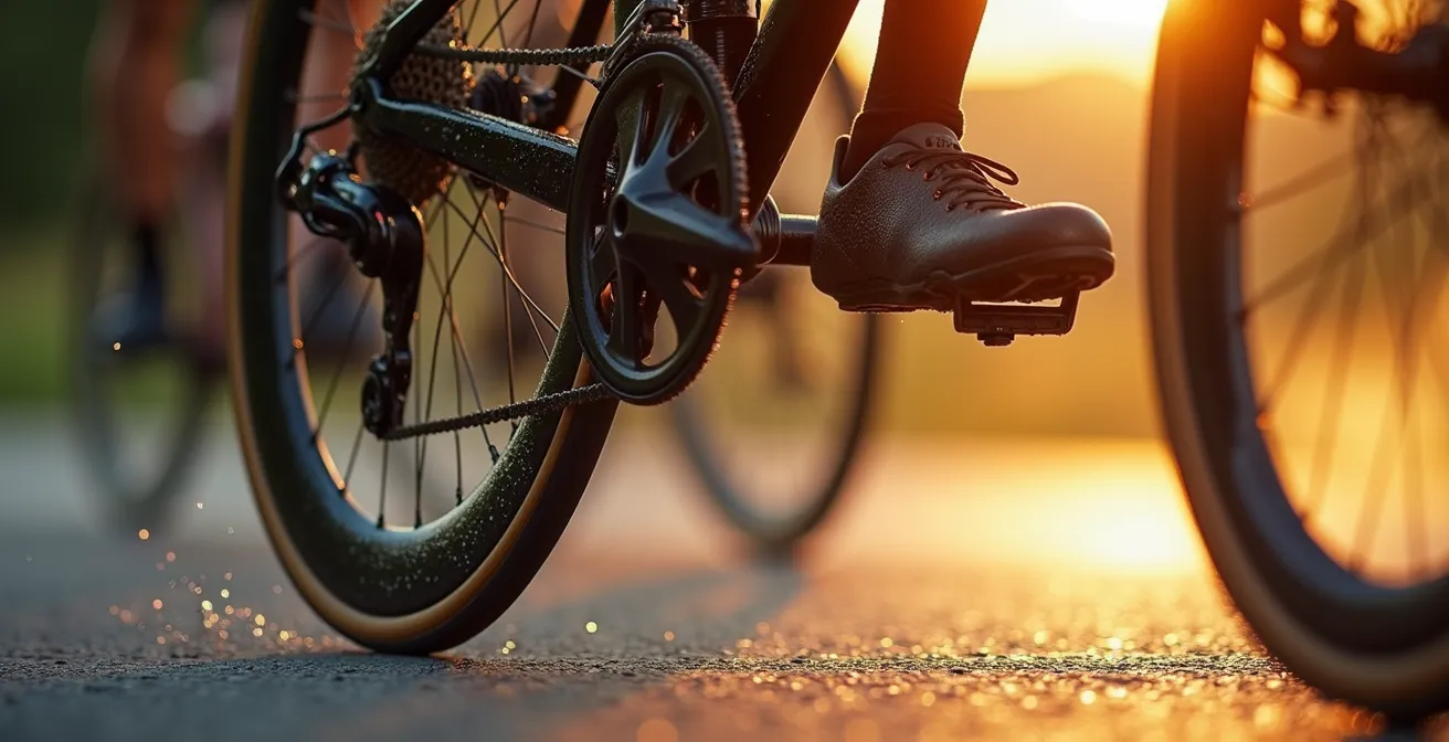 Cycliste effectuant un départ arrêté explosif sur son vélo, muscles en tension maximale