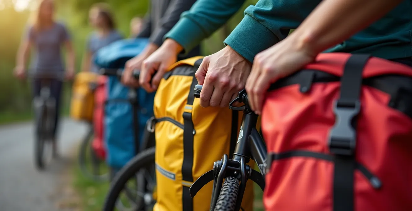 Vue macro détaillée de sacoches de vélo colorées attachées sur un porte-bagages
