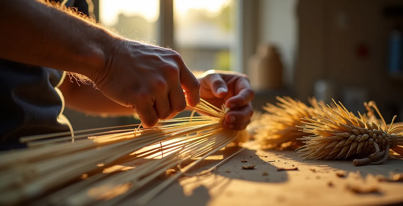 Fibres de lin naturelles tressées formant la structure d'un tube de cadre de vélo avec arrière-plan de champ de lin français