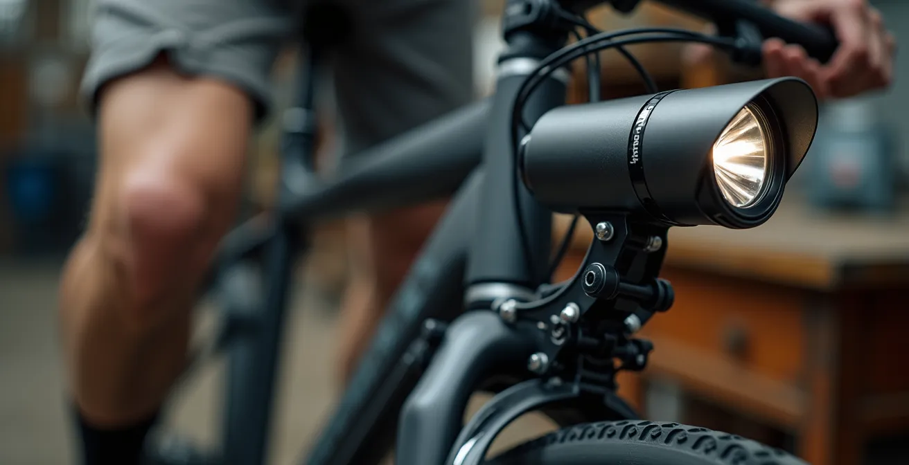 Système de fixation d'éclairage robuste en métal sur la fourche d'un vélo cargo.