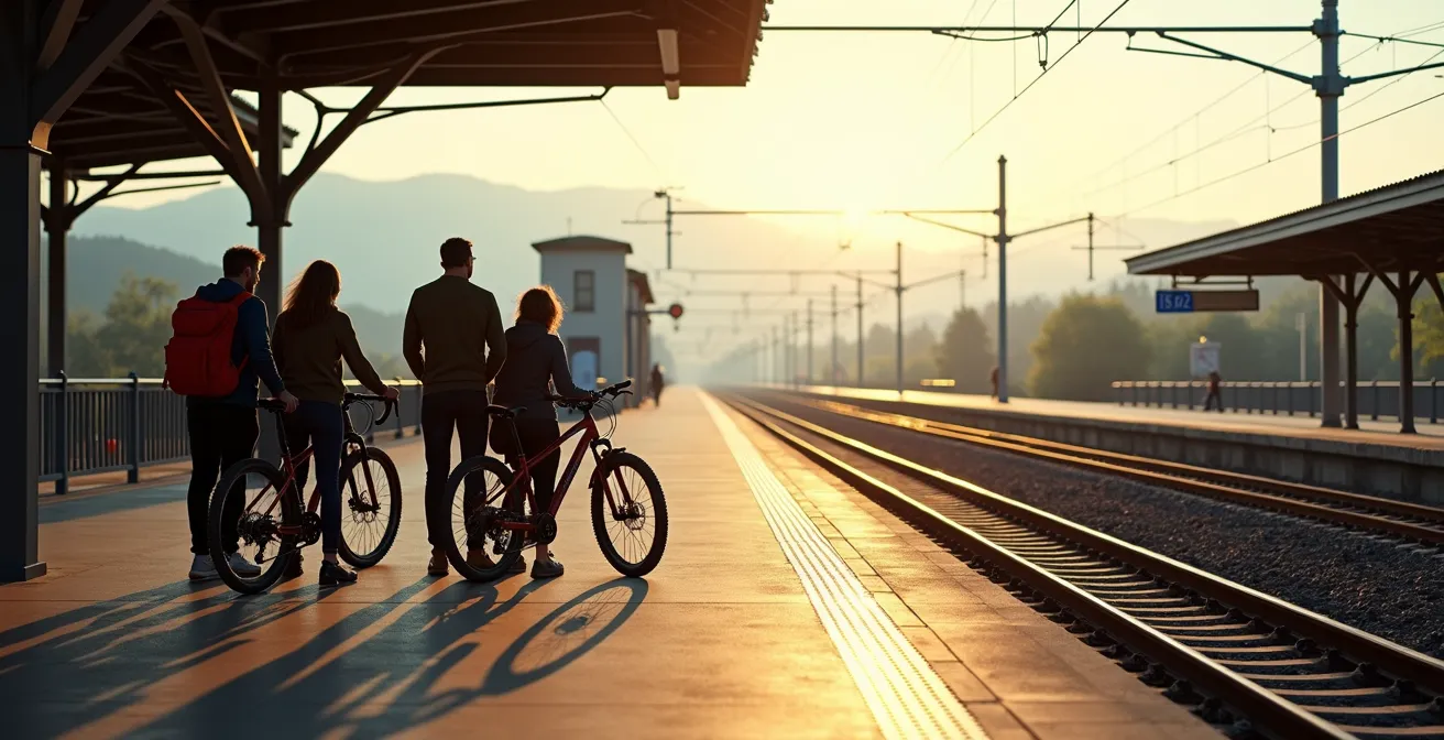 Vue large d'un quai de gare avec une famille et leurs vélos attendant le train