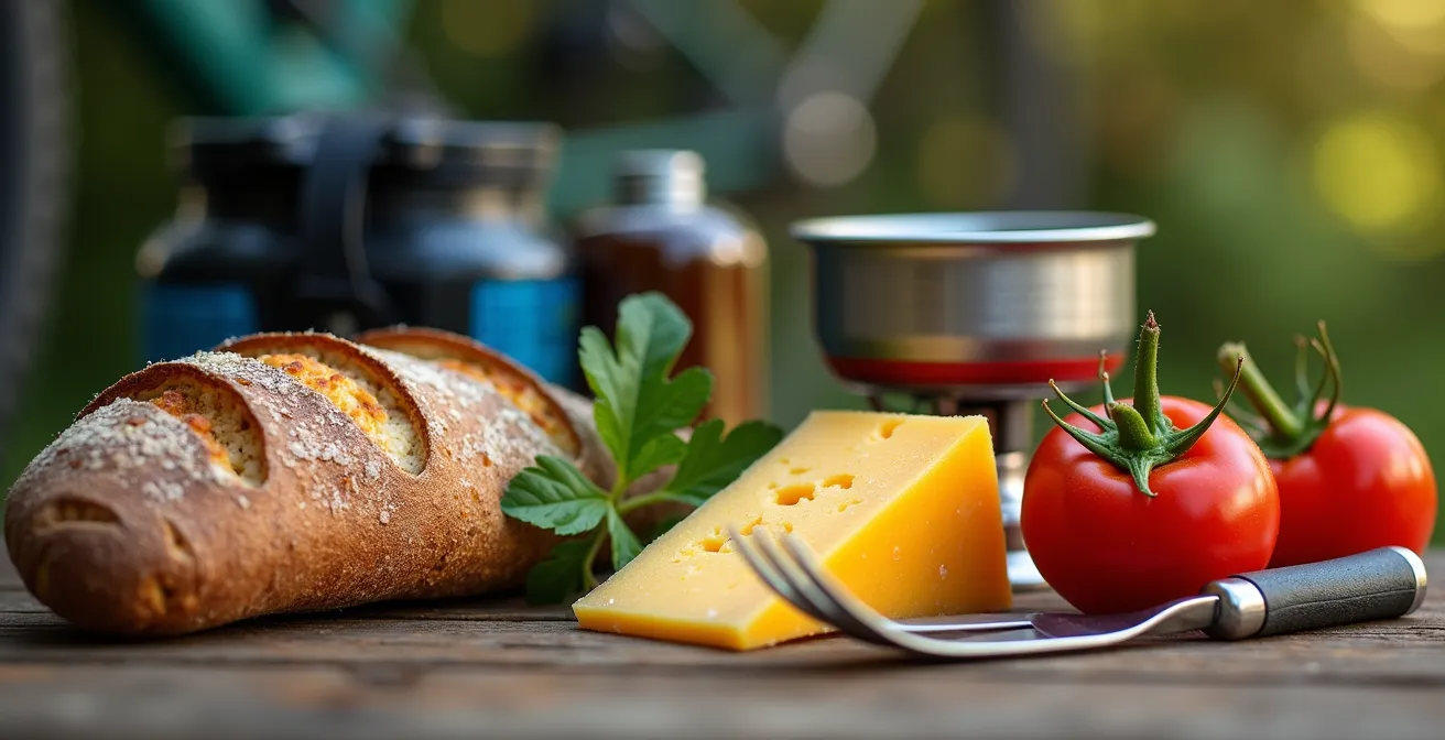 Composition de produits du terroir français avec sacoches de vélo et réchaud de camping