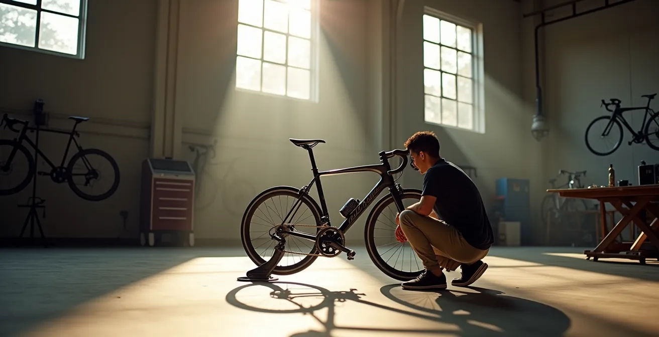 Vue large d'un atelier de vélos baigné de lumière naturelle avec un cycliste inspectant un vélo